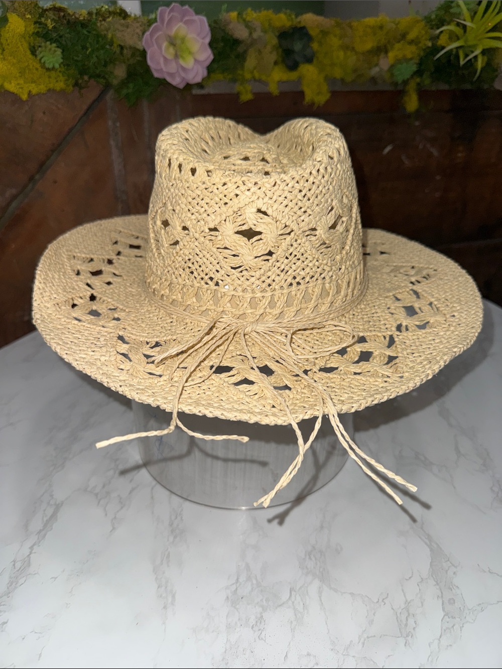 Straw Crochet Wide-Brim Sun Hat - Natural